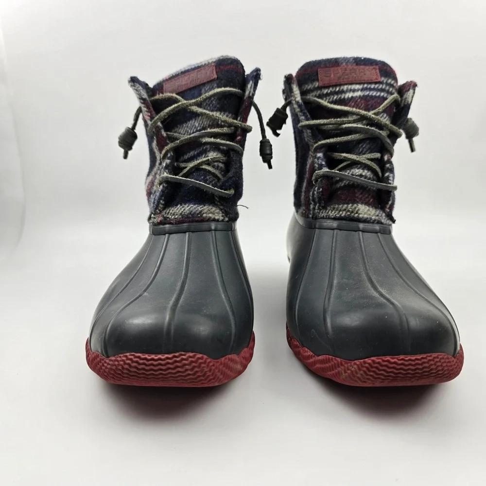 Sperry Saltwater Duck Boots Womens‎ 10 M Blue Red Wool Plaid Waterproof Rubber